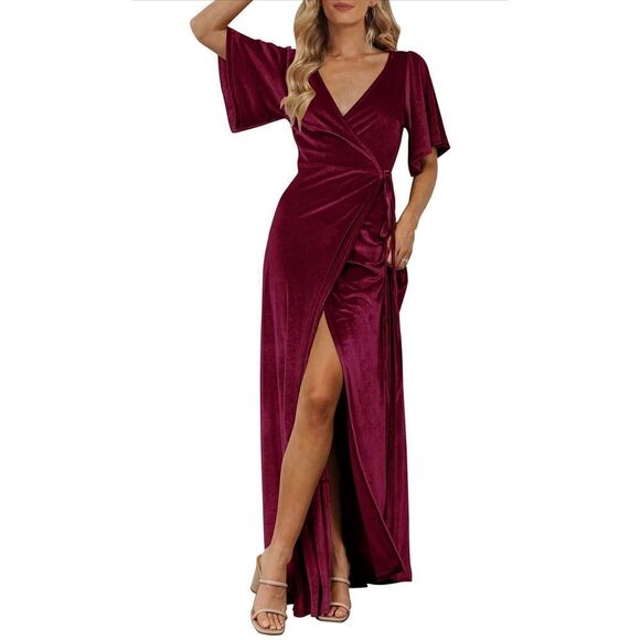 MEROKEETY Dresses & Skirts - NEW MEROKEETY V Neck Wrap Velvet Maxi Dress Bridesmaid M